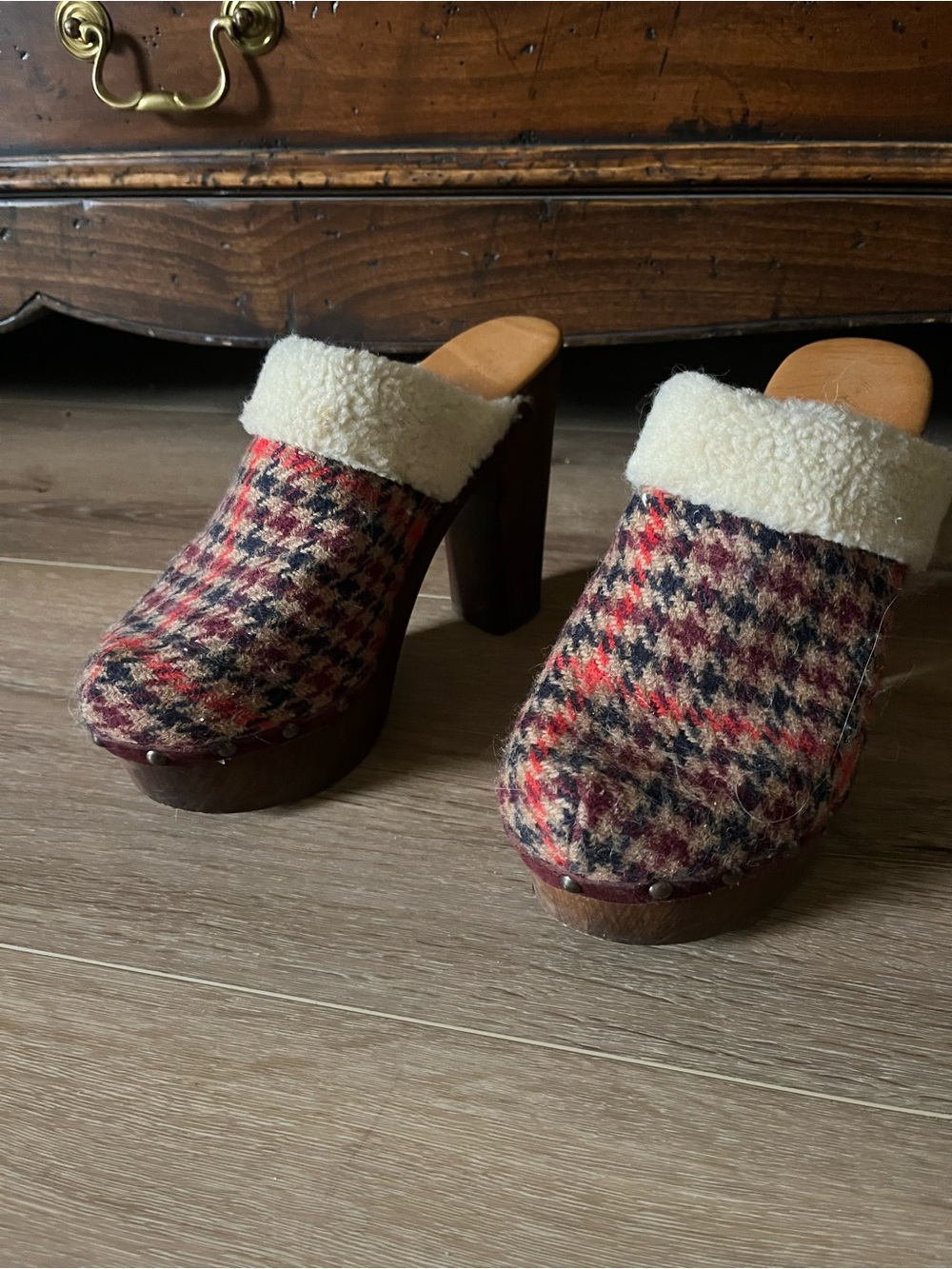 Houndstooth Sherpa-Trim Clog Mules in Red Multi (Anthropologie)